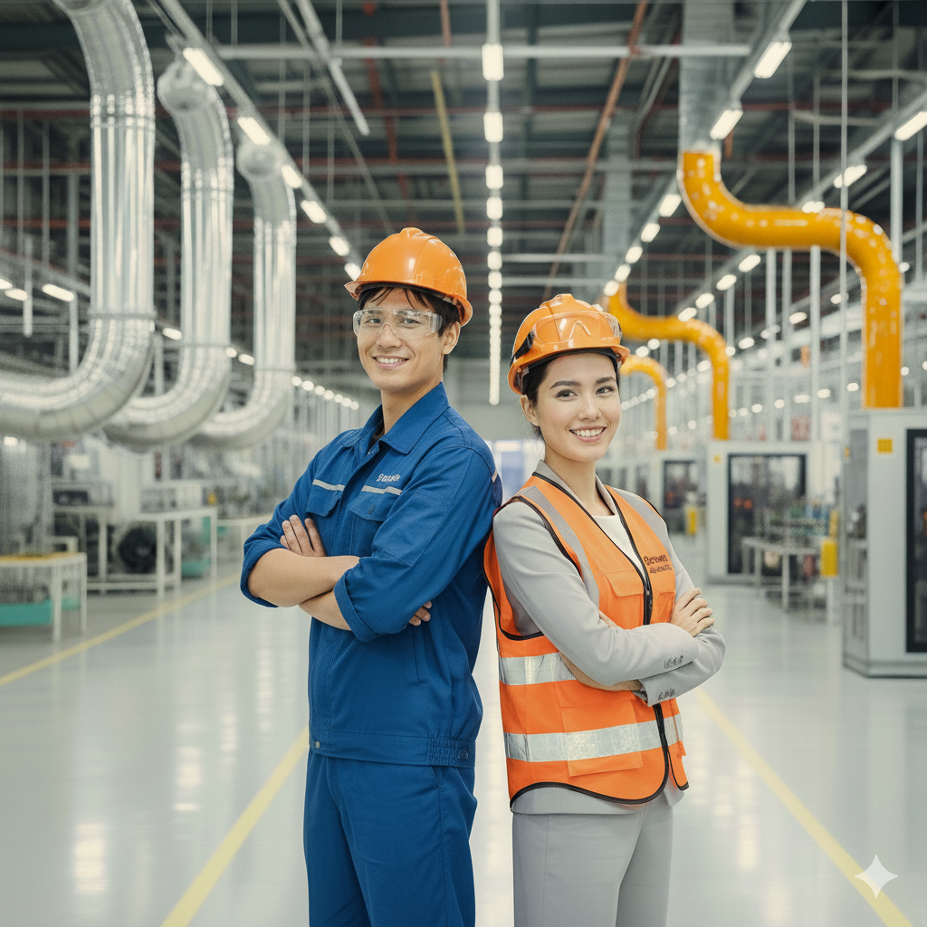 ecomax_team Industrial workers wearing safety hat safety glasses and safety vest